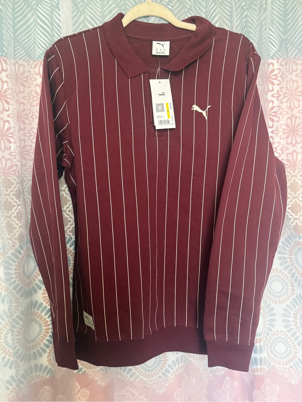 NWT Puma Men's medium Burgundy Pinstripe Crewneck Polo Sweater